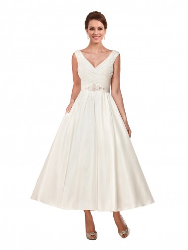 Shop V-Neck A-Line Short Ankle Length Satin Wedding Dress Perth