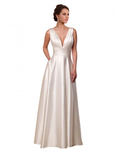 Shop Deep V-Neck A-Line Satin Wedding Dress with Pockets Perth