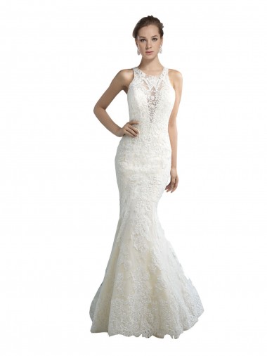 Shop Deep Illusion Neck Mermaid Tulle Beach Wedding Dress with All Over Lace Perth