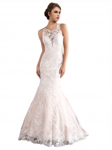 Shop Illusion Neck Fit and Flare Tulle Wedding Dress with All Over Lace Perth
