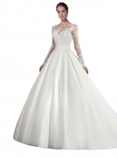 Shop Long Sleeves Illusion Neck A-Line Satin Wedding Dress with Lace Bodice Perth