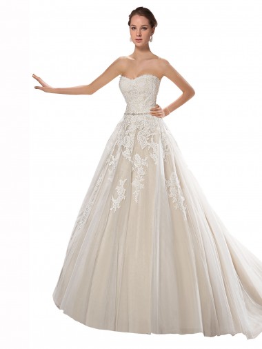 Shop Strapless Ball Gown Tulle Wedding Dress with Lace Cascades Perth