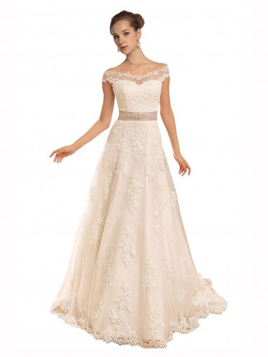 Shop Off the Shoulder Illusion Back A-Line Lace Beach Wedding Dress Perth