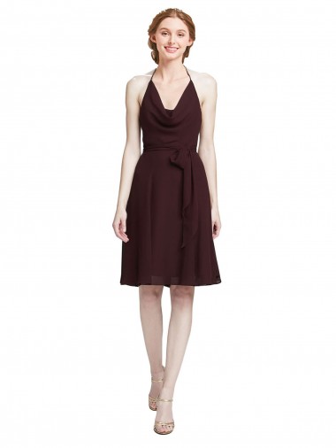 Shop Short Knee Length Chiffon Bridesmaids Dress with Halter Cowl Neck Perth