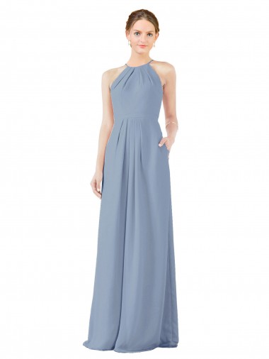 Shop Fitted Long High Halter Neck Chiffon Bridesmaid Dress with Keyhole Back Perth