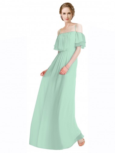 Shop Spaghetti Straps Long Chiffon Off-The-Shoulder Bridesmaid Dress with Double Flounce Sleeves Perth