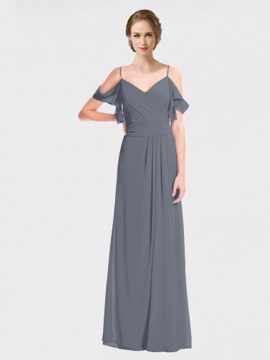Shop Long Chiffon Spaghetti Strap V-Neck Bridesmaid Dress with Off-The-Shoulder Flutter Sleeves Perth