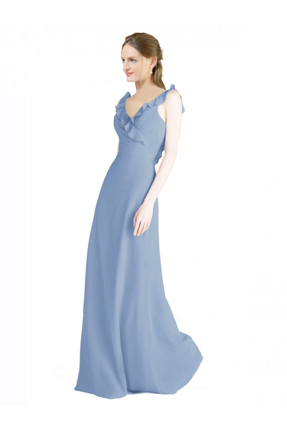 Fluted Chiffon Wrap Bridesmaid Dress with Ruffles V-Neck