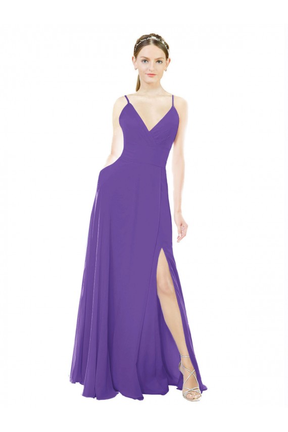 Long Chiffon A-Line Bridesmaid Dress with Deep V-Neckline and Side Slit
