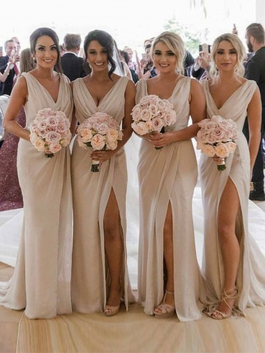 Shop Chiffon Long Champagne Evening Dress with Sexy High Slit and Front Ruffles Perth
