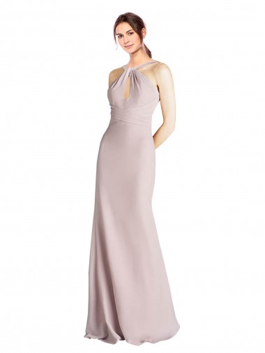 Shop Long Slim Chiffon Bridesmaid Dress with Ruffled Waist and Keyhole Perth