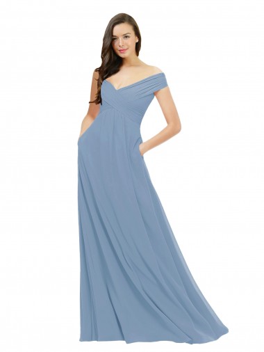Shop Chiffon Bridesmaid Dress with Classic Off the Shoulder Neckline Perth