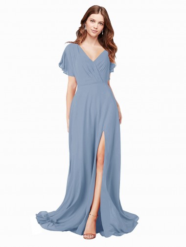 Shop Chiffon Bridesmaid Dress / Prom Dress with Flutter Sleeves and Front Slit Perth