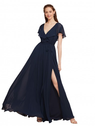 Shop Long V-Neck Chiffon Bridesmaid Dress with Slit and V-Back Perth