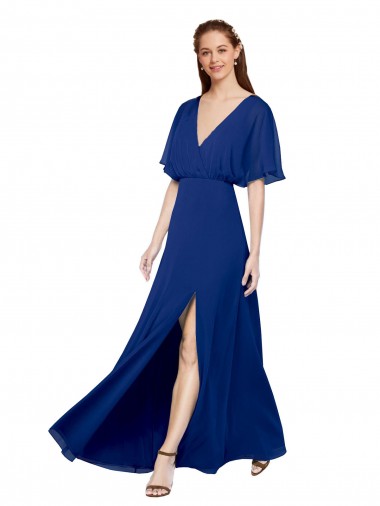 Shop V-Neck Long Chiffon Bridesmaid Dress with Dolman Sleeved Bodice and Slit Perth