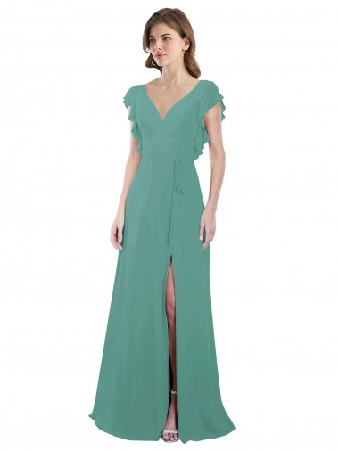 Shop Full Length Chiffon Bridesmaid Dress with Ruffled Cap Sleeves and Side Slit Perth