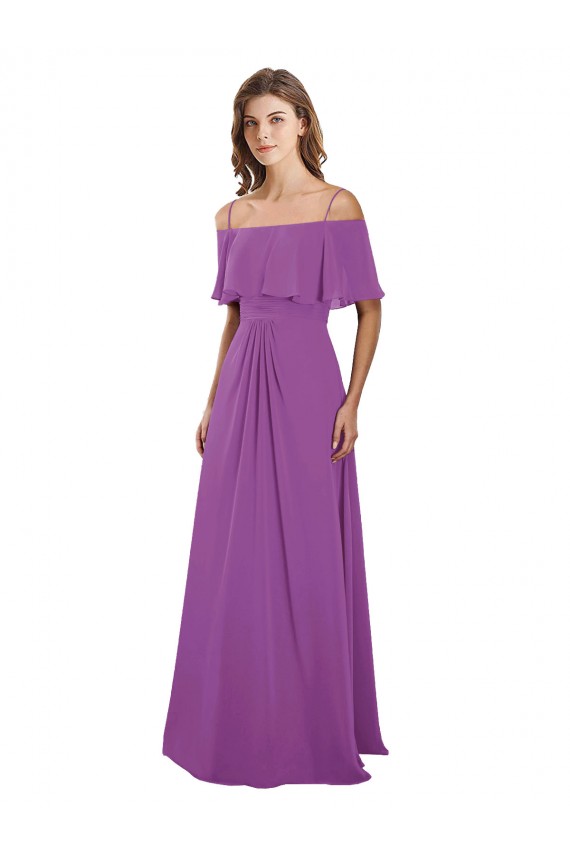 Draped Off The Shoulder Chiffon Bridesmaid Dress with Spaghetti Straps and Ruffled Neckline