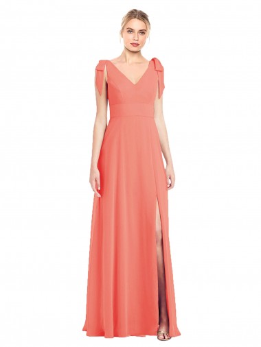 Shop Full Length Bow-Shoulder V-Back Chiffon Bridesmaid Dress with Front Slit Perth