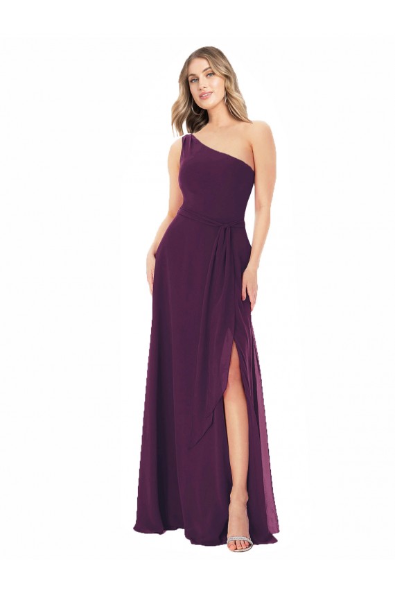 One Shoulder Chiffon Bridesmaid Dress with Tie Belt