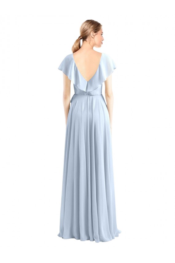 V-Neck A-Line Flutter Sleeves Long Chiffon Wrap Style Bridesmaid Dress