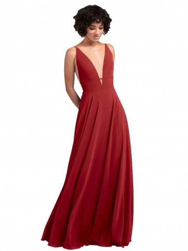 Shop Fitted Plunging Deep V-Neck Long Chiffon Bridesmaid Dress with V-Back Perth