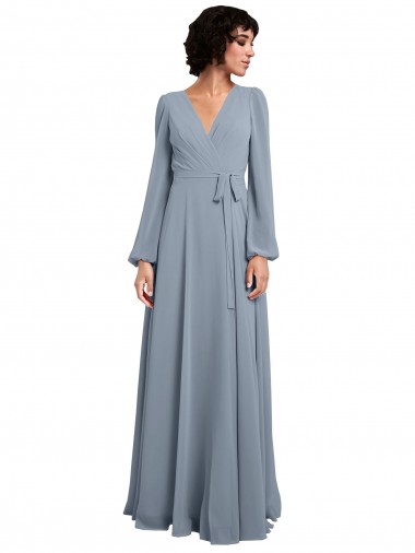 Shop Wrap Style Long Sleeves Chiffon Bridesmaid Dress with Pleated Bodice Perth