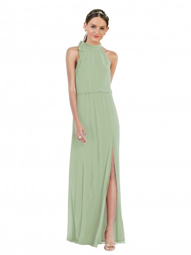 Shop High Neck Scarf Tie Blouson Bodice Maxi Bridesmaid Dress with Front Slit Perth