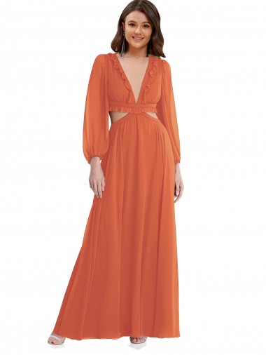 Shop High Low Ruffled Long Chiffon Cutout Bishop Sleeves Maxi Bridesmaid Dress Perth