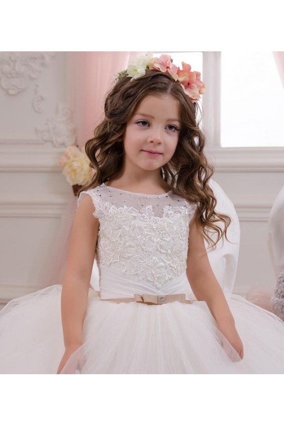 Ivory Ball Gown Bateau Neck Chapel Train Sleeveless Flower Girl Dress Perth