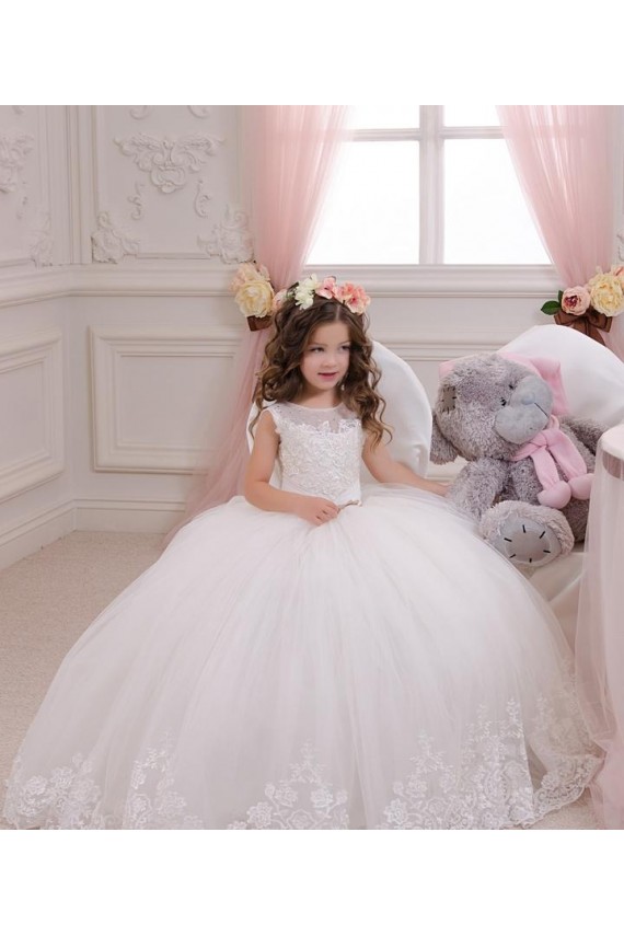 Ivory Ball Gown Bateau Neck Chapel Train Sleeveless Flower Girl Dress Perth