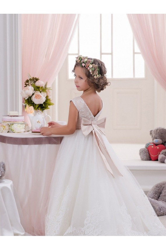 Ivory Ball Gown Bateau Neck Chapel Train V-Back Flower Girl Dress Perth
