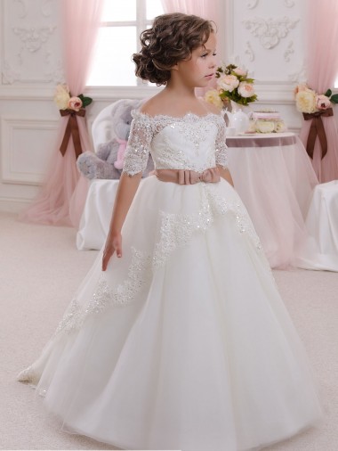 Ivory Ball Gown High Neck Floor Length Short Sleeve Flower Girl Dress Perth