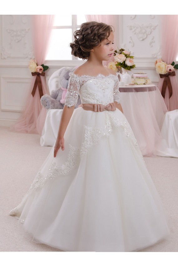 Ivory Ball Gown High Neck Floor Length Short Sleeve Flower Girl Dress Perth