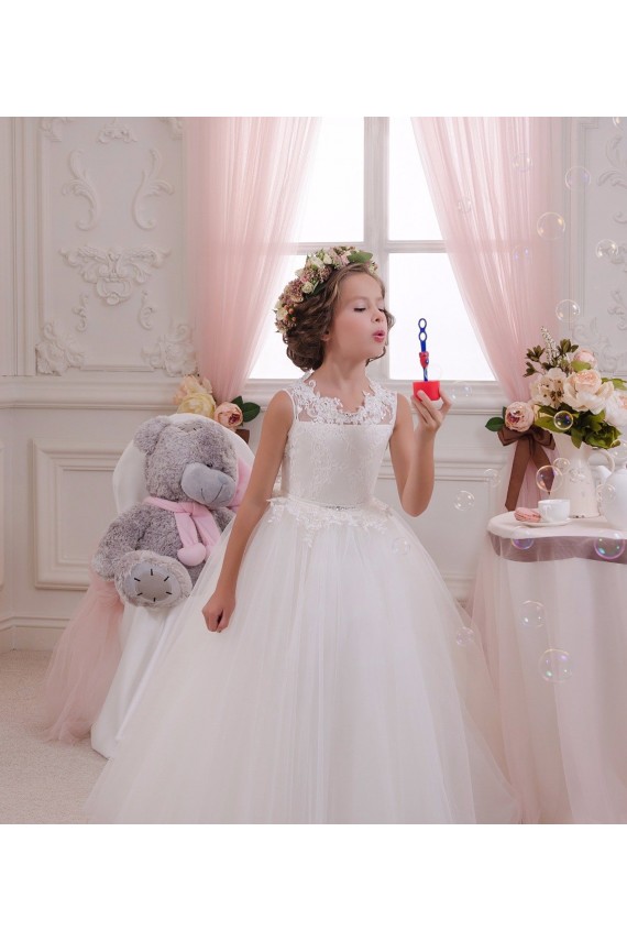 Ivory Ball Gown High Neck Floor Length Sleeveless Flower Girl Dress