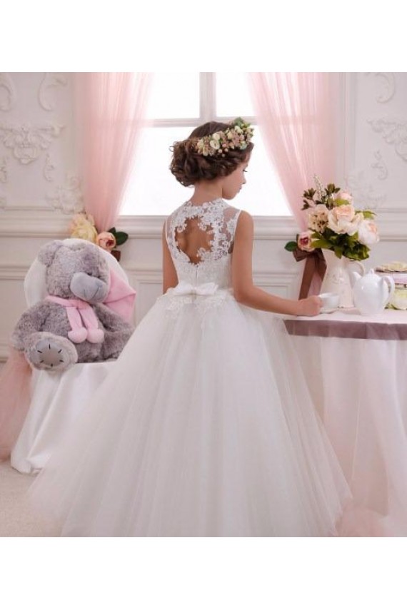 Ivory Ball Gown High Neck Floor Length Sleeveless Flower Girl Dress