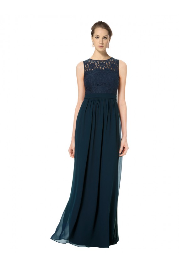Long Chiffon Bridesmaid Dress with Lace Sleeveless Bodice and Keyhole Back