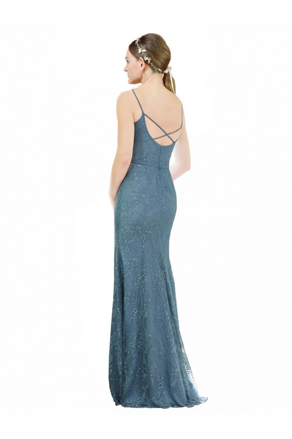 Deep V-Neck All Over Chantilly Lace Bridesmaid Dress with Criss Cross Open Back