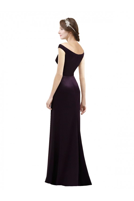 Off The Shoulder Long Satin Bridesmaid Dress with Asymmetrical Pleated Bodice