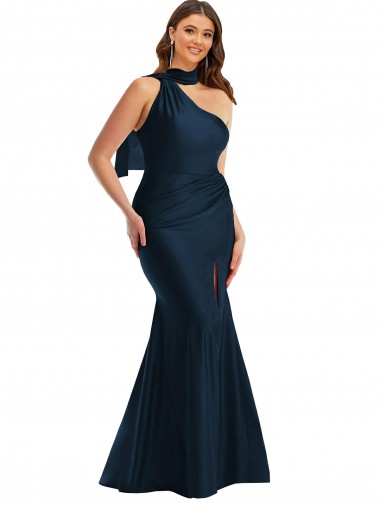 Shop Scarf Neck One Shoulder Formal Silky Satin Mermaid Bridesmaid Dress / Prom Dress with Front Slit Perth
