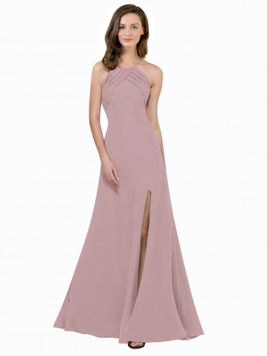 Shop High Neck Crepe Bridesmaid Dress / Prom Dress with Pleats and Keyhole Back Perth