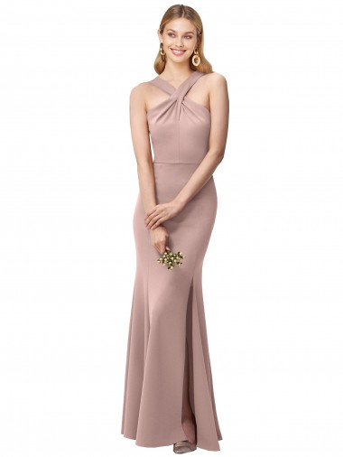 Shop Long Floor Length High Neck Fit and Flare Stretch Crepe Bridesmaid Dress / Prom Dress with Side Slit Perth