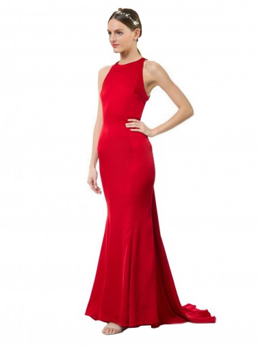 Shop High Neck Mermaid Open Back Formal Crepe Maxi Bridesmaid Dress / Prom Dress with Train Detail Perth