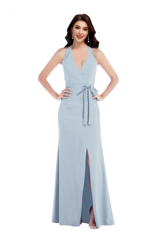 Open Back Halter Maxi Formal Crepe Bridesmaid Dress / Prom Dress with Draped Bow