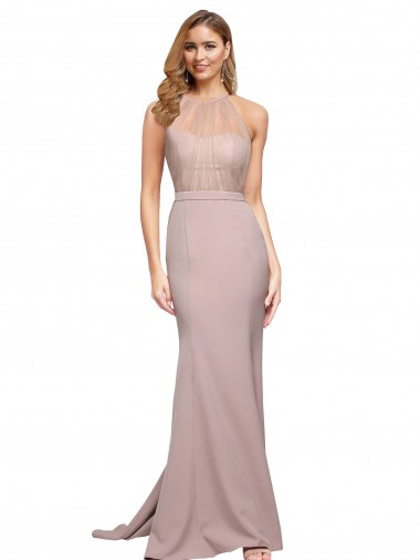 Shop Long Sweetheart Formal Crepe Bridesmaid Dress / Prom Dress with High Neck Illusion Tulle Details Perth