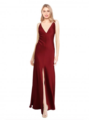 Shop Floor Length Deep V-Back Formal Stretch Satin Bridesmaid Dress / Prom Dress with Front Slit Perth