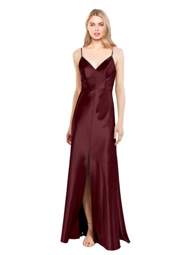 Shop Sleek Spaghetti Straps V-Neck Formal Stretch Satin Bridesmaid Dress / Prom Dress with Center Front Slit Perth