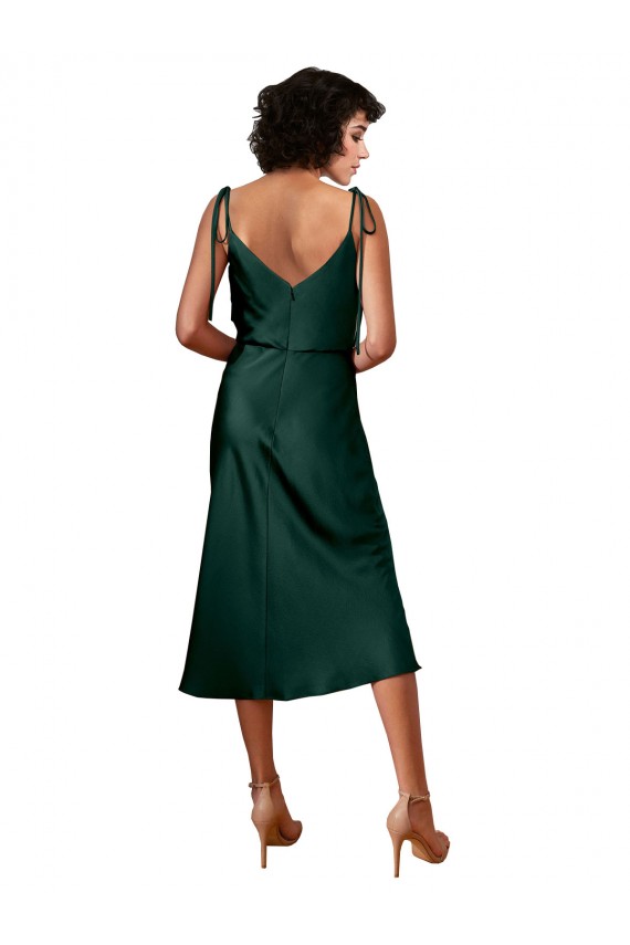 Spaghetti Straps Tie Shoulders Cowl Neck Short Midi Length Formal Stretch Satin Cocktail Bridesmaid Dress / Prom Dress
