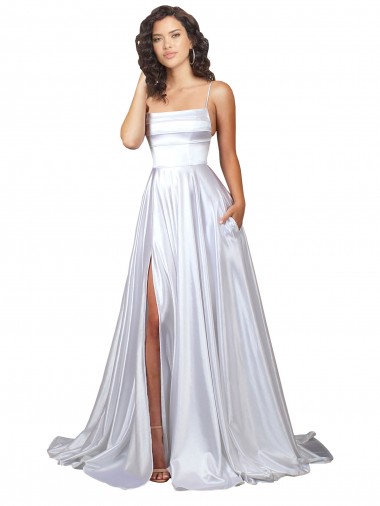 Shop Simple A-Line Corset Style Pleated Long Stretch Satin Beach Wedding Dress with High Slit Perth