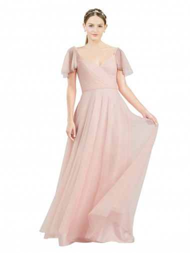 Shop Long V-Neck Flutter Sleeves Tulle Bridesmaid Dress Perth