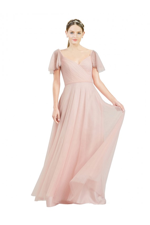 Long V-Neck Flutter Sleeves Tulle Bridesmaid Dress